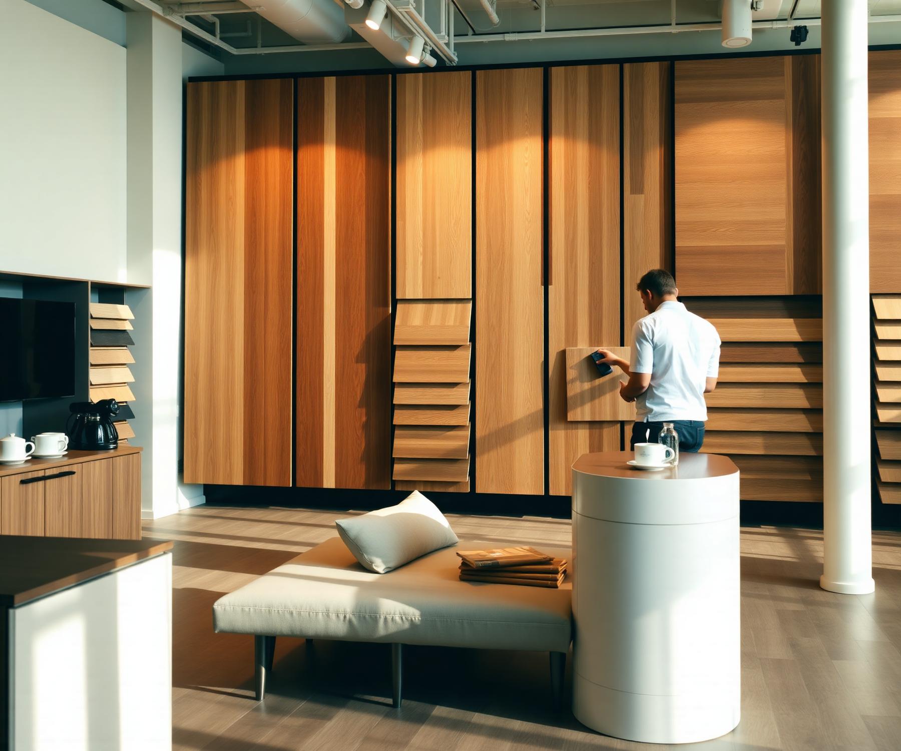 The Budget Flooring design center — a wall of wood samples in warm morning light.