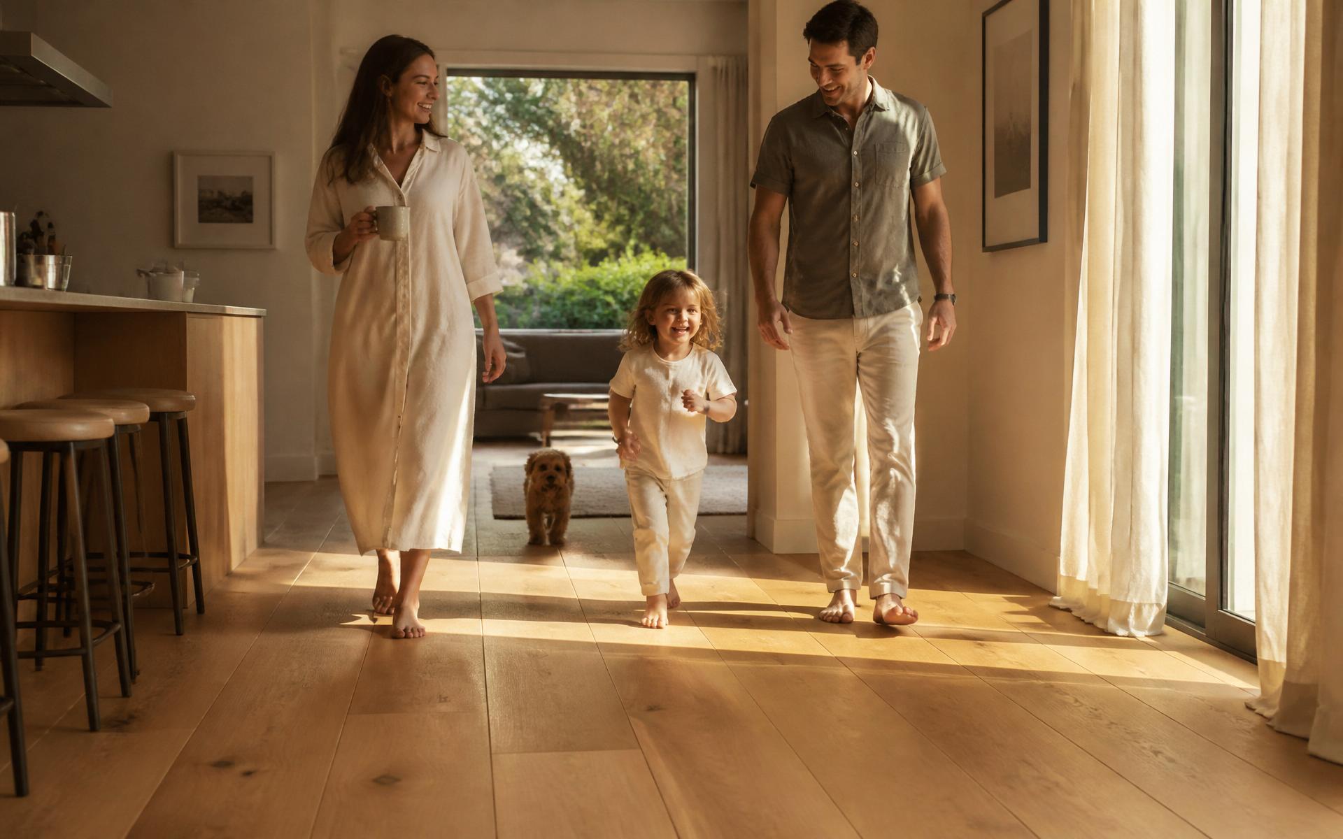 A family walks barefoot across warm oak flooring in a sunlit home.